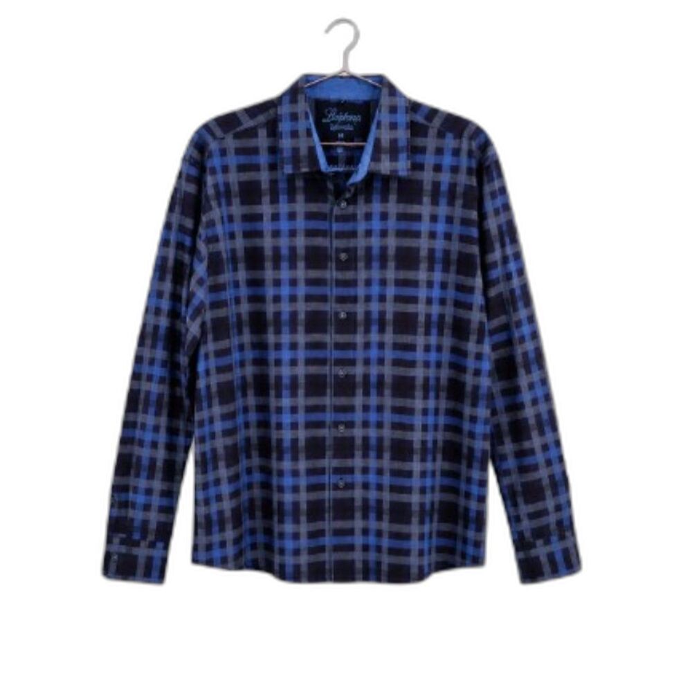 Luchiano Viscanti Mens XXL Blue Plaid Long Sleeve Button Up Dress Shirt